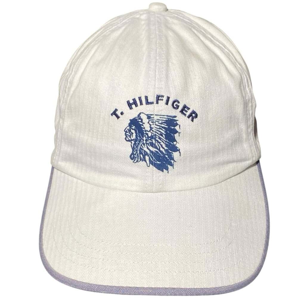 VTG 2000 Tommy Hilfiger Indian Chief Headdress Strapback Hat Y2K White Cap 9